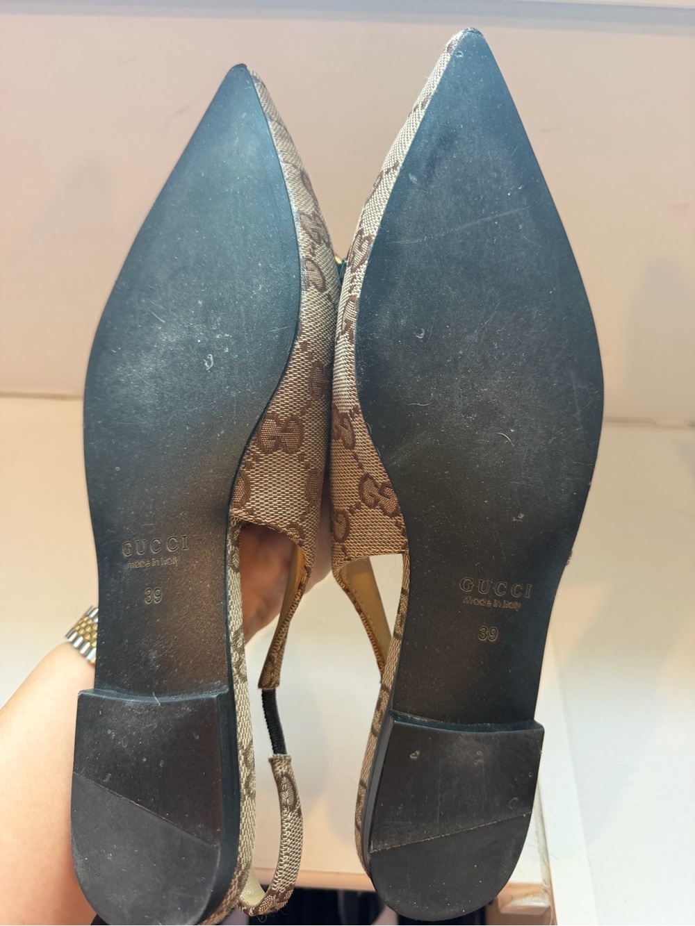 Designer Gucci-style Beige Monogram Slingback Flats with Gold Hardware - Picture 5 of 6
